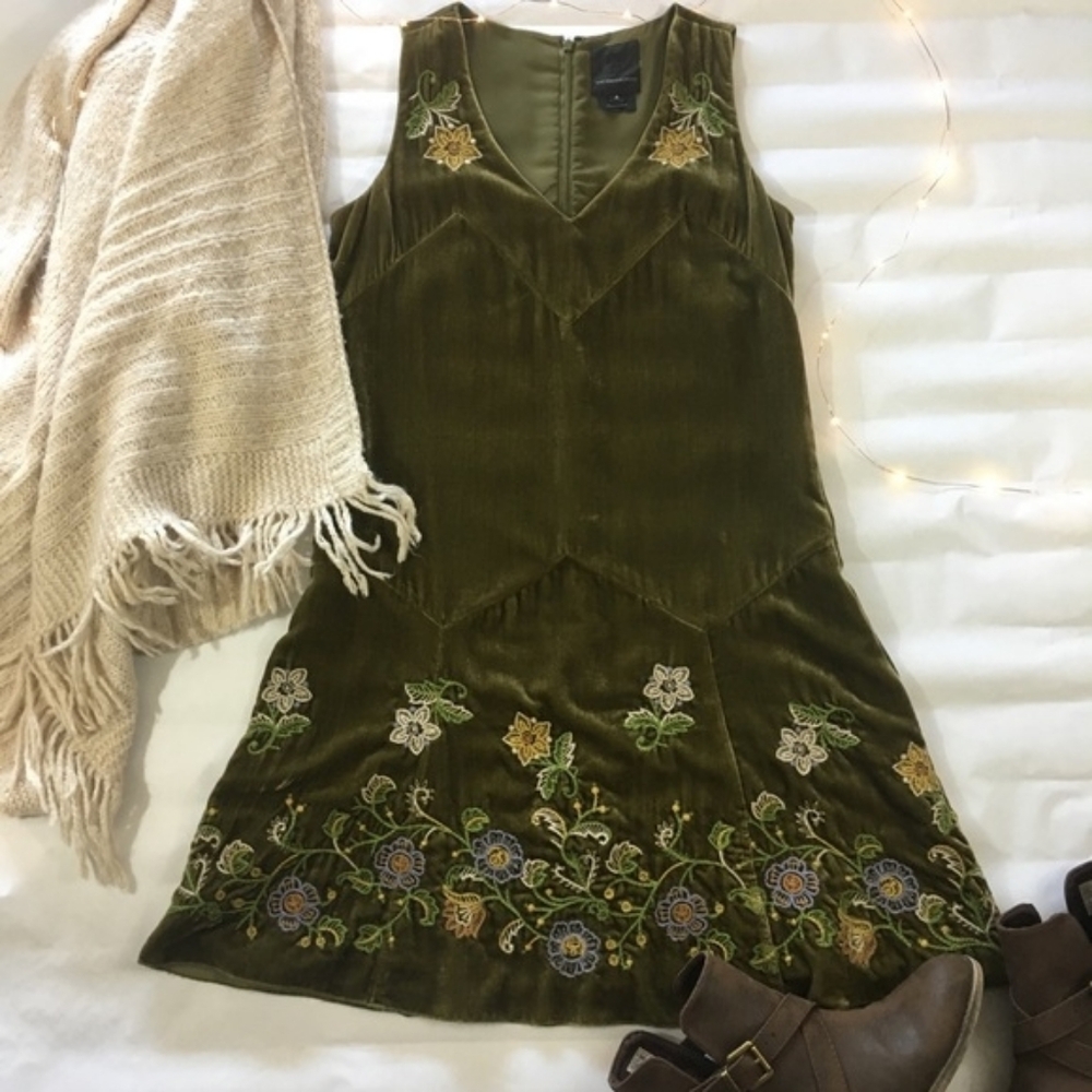 Anna Sui Olive Green Crushed Velvet Embroidered Dress